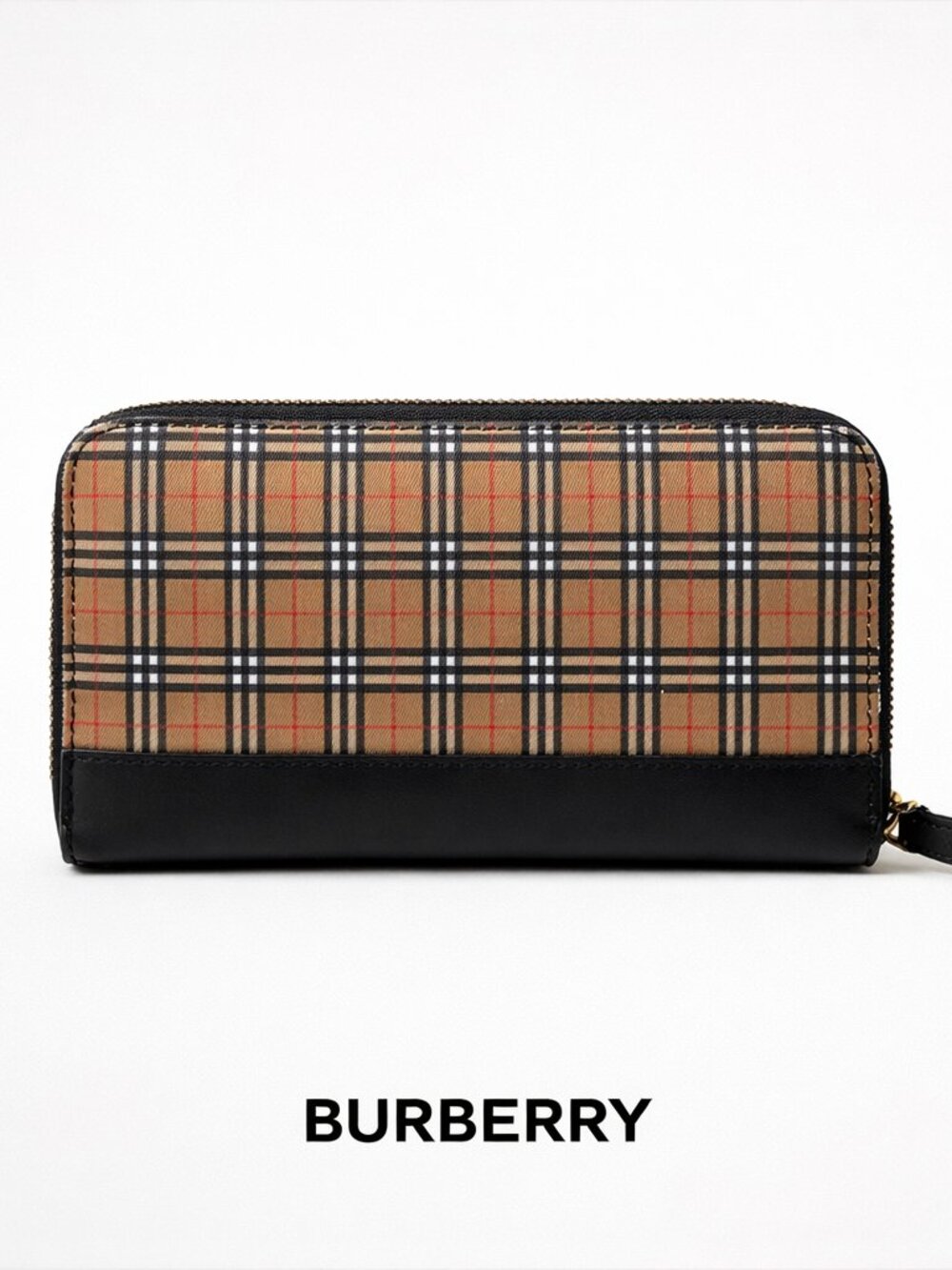 VTG Burberry Zip Around Wallet Clutch Black Leather House Check Canvas Preppy